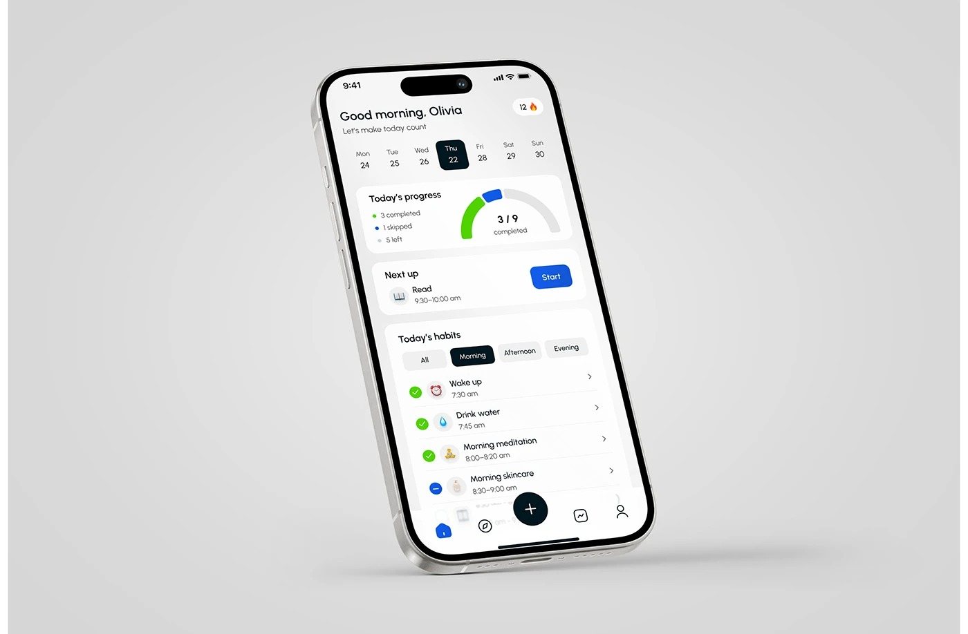 Momentum app design: Daily routine and progress