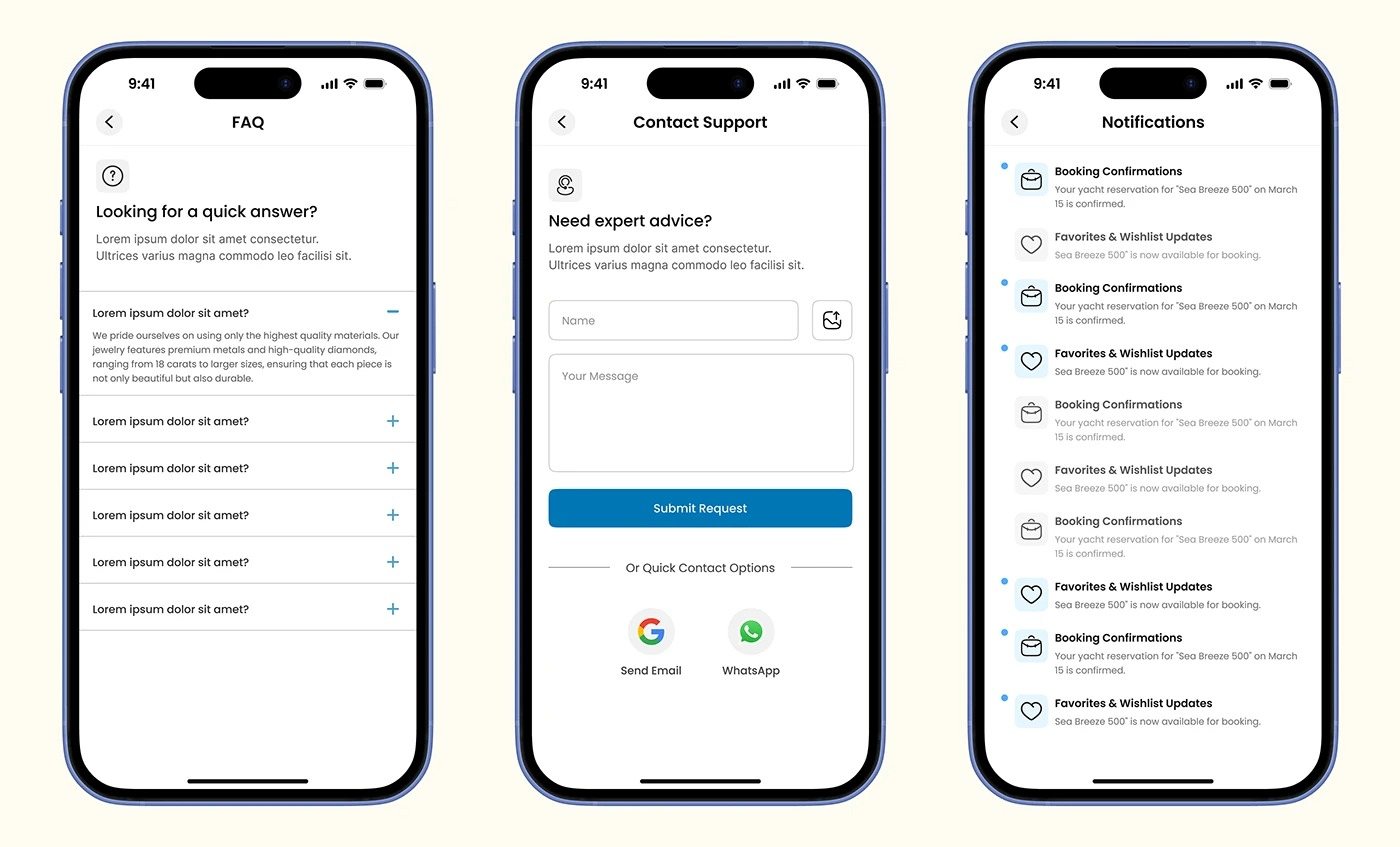 Sahil app design: FAQ, support and notifications